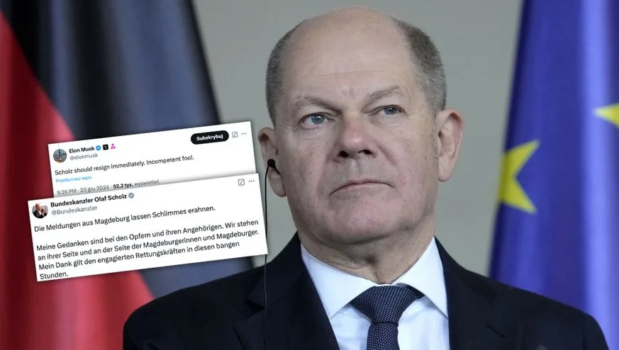 A photo of German Chancellor Olaf Scholz with a serious expression, wearing a suit and tie, standing in front of German and…