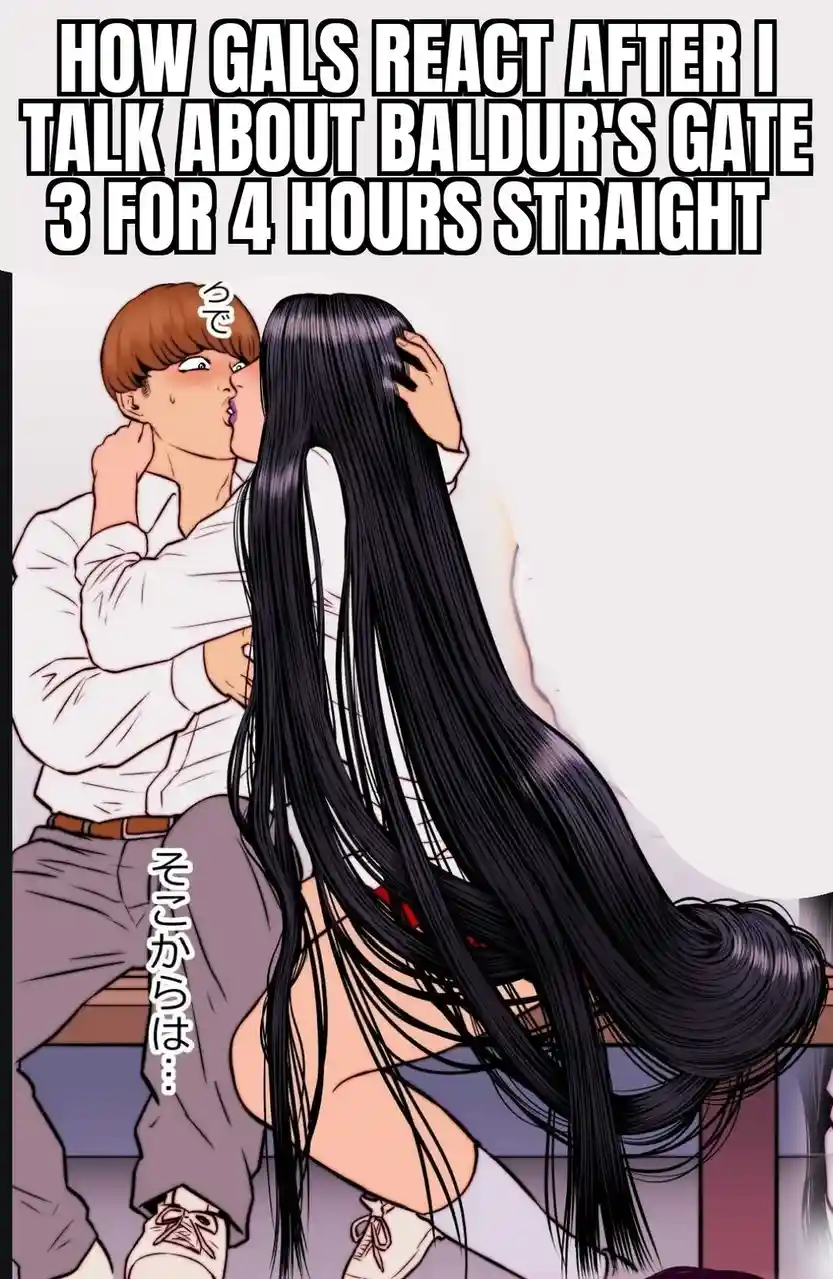 An anime-style illustration shows a man with brown hair passionately kissing a woman with long black hair from behind, while…