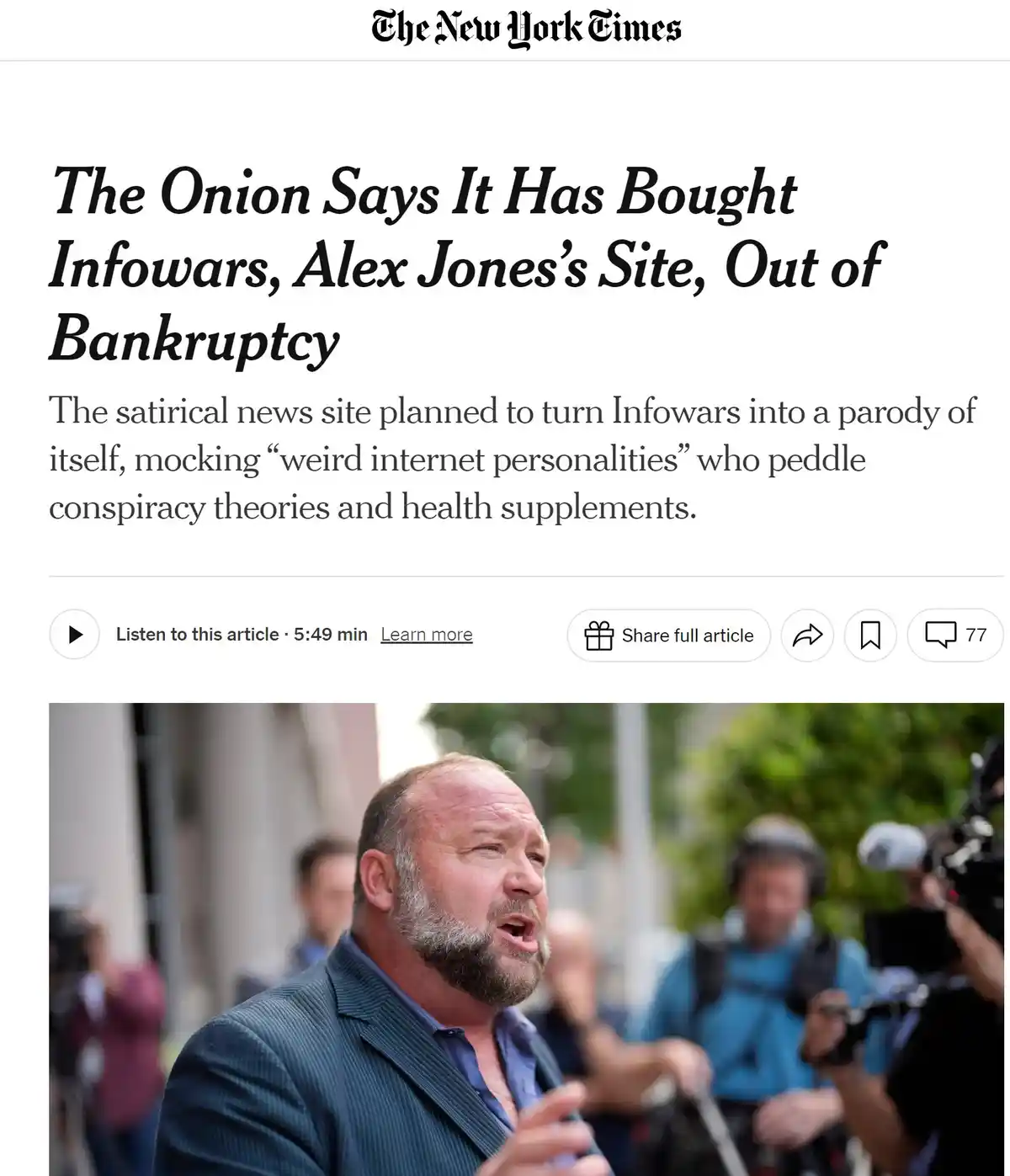 The image shows a screenshot of a New York Times article with the headline 'The Onion Says It Has Bought Infowars, Alex…