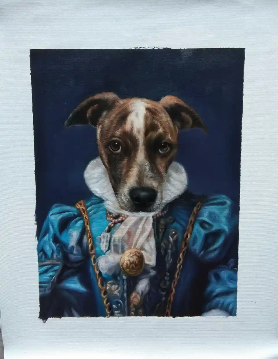 A realistic painting of a brown and white dog dressed in ornate royal attire, including a blue velvet jacket, a large white…