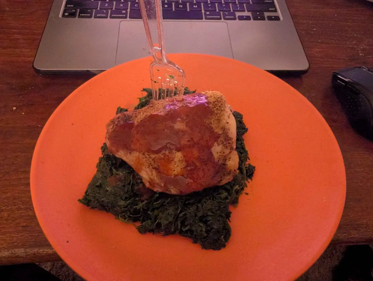 A close-up photo shows a cooked chicken breast with sauce on a bed of greens, served on an orange plate. A clear plastic…