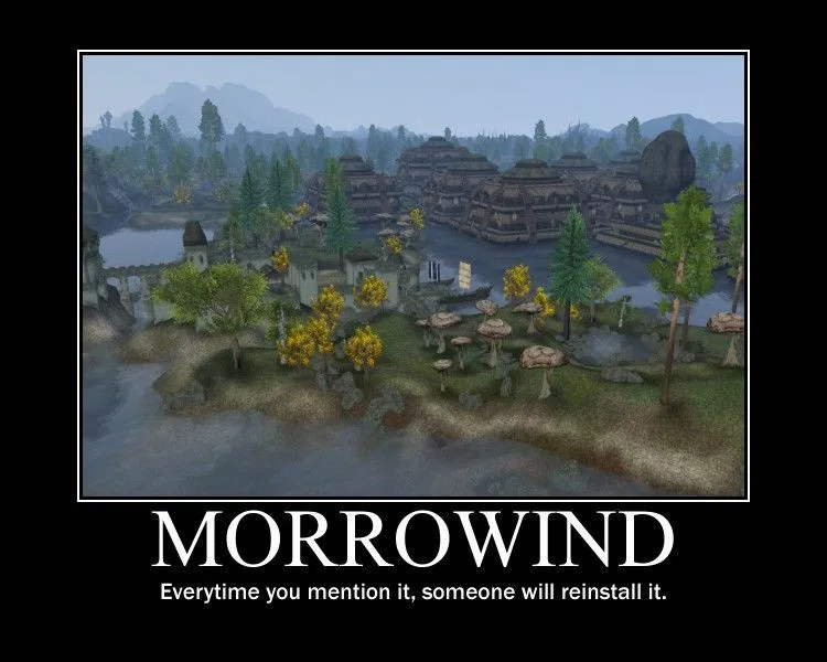 A screenshot of the fantasy video game Morrowind, showing a misty, forested island village with wooden buildings and…