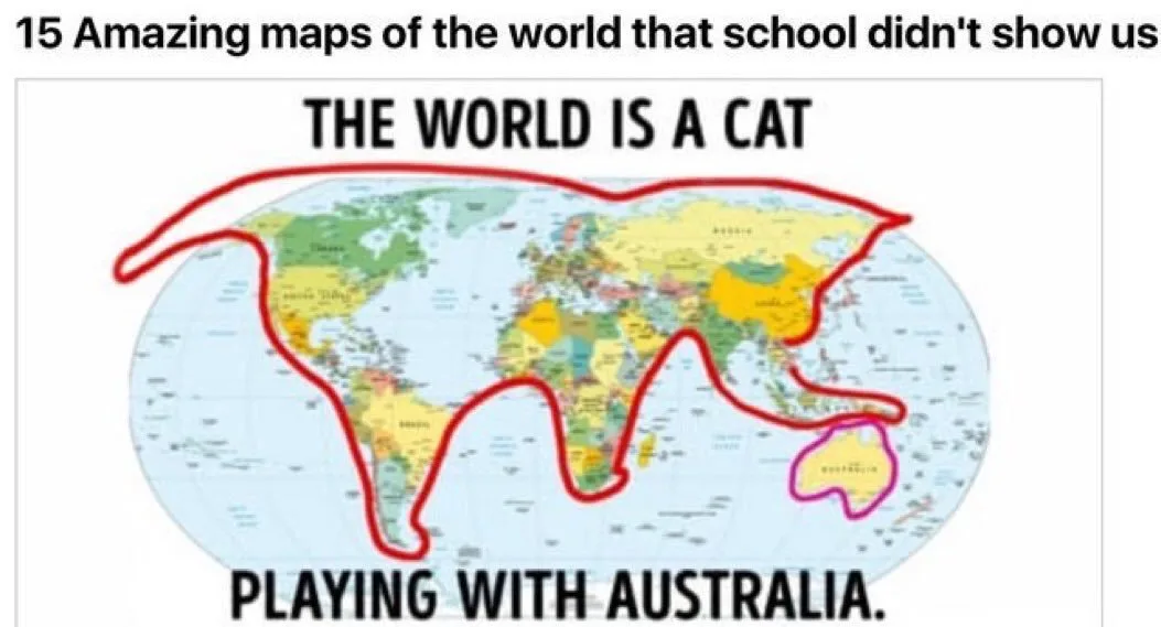 A world map is overlaid with a red outline that resembles a cat's body, with Australia highlighted in pink as if being…