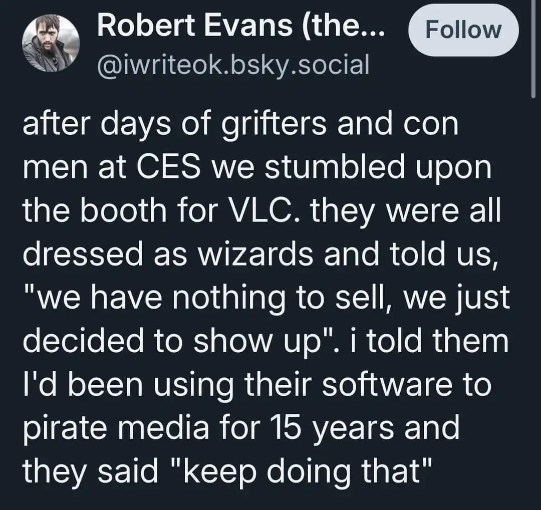 A screenshot of a social media post by Robert Evans (@iwriteok.bsky.social) describing his experience at CES. He recounts…
