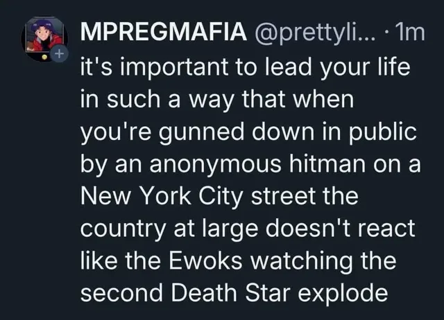 A screenshot of a tweet from user MPREGMAFIA showing a long text message that reads: 'it's important to lead your life in…