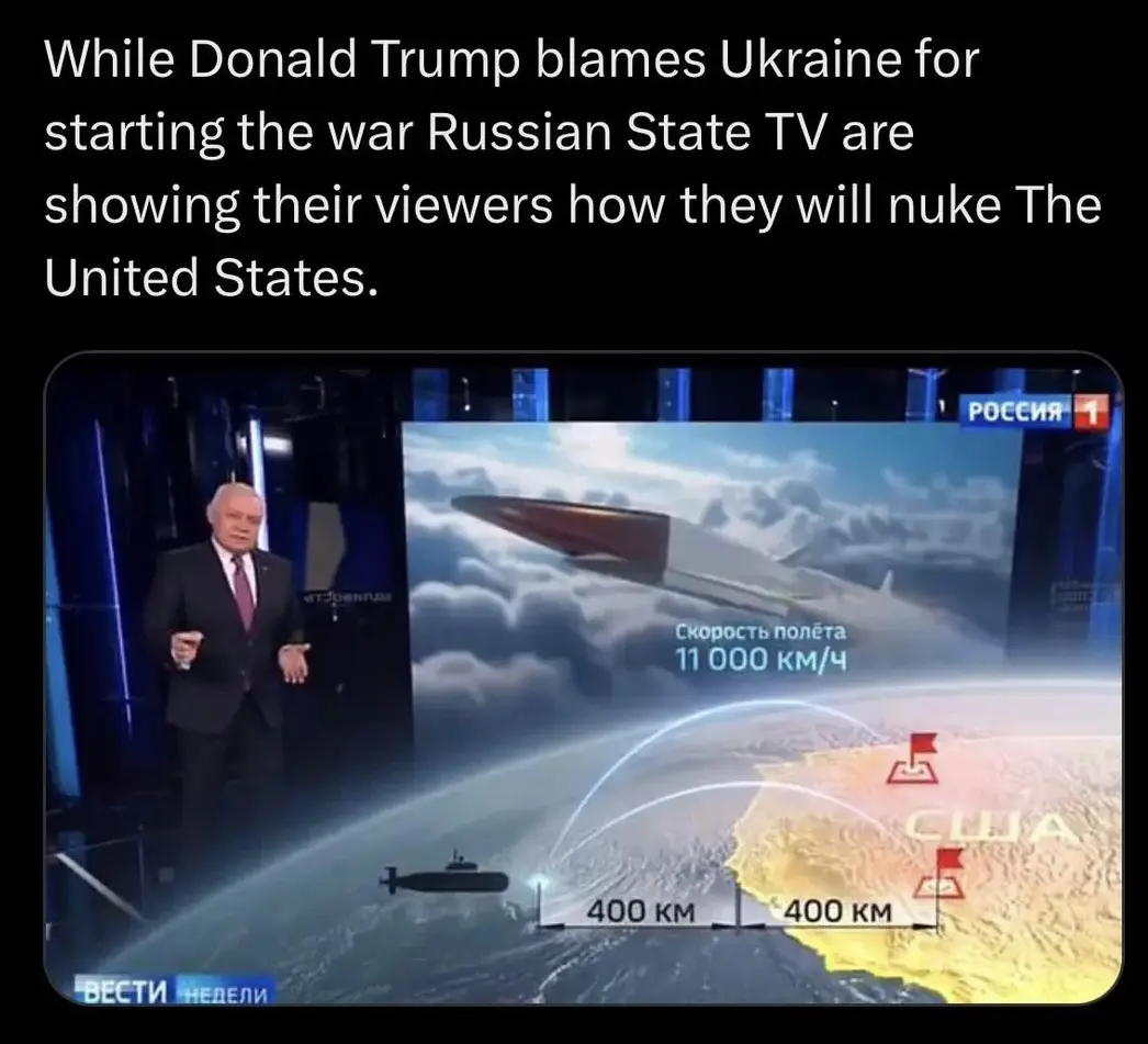 A screenshot of a Russian state TV news broadcast shows a male anchor standing beside a graphic depicting a missile launch…