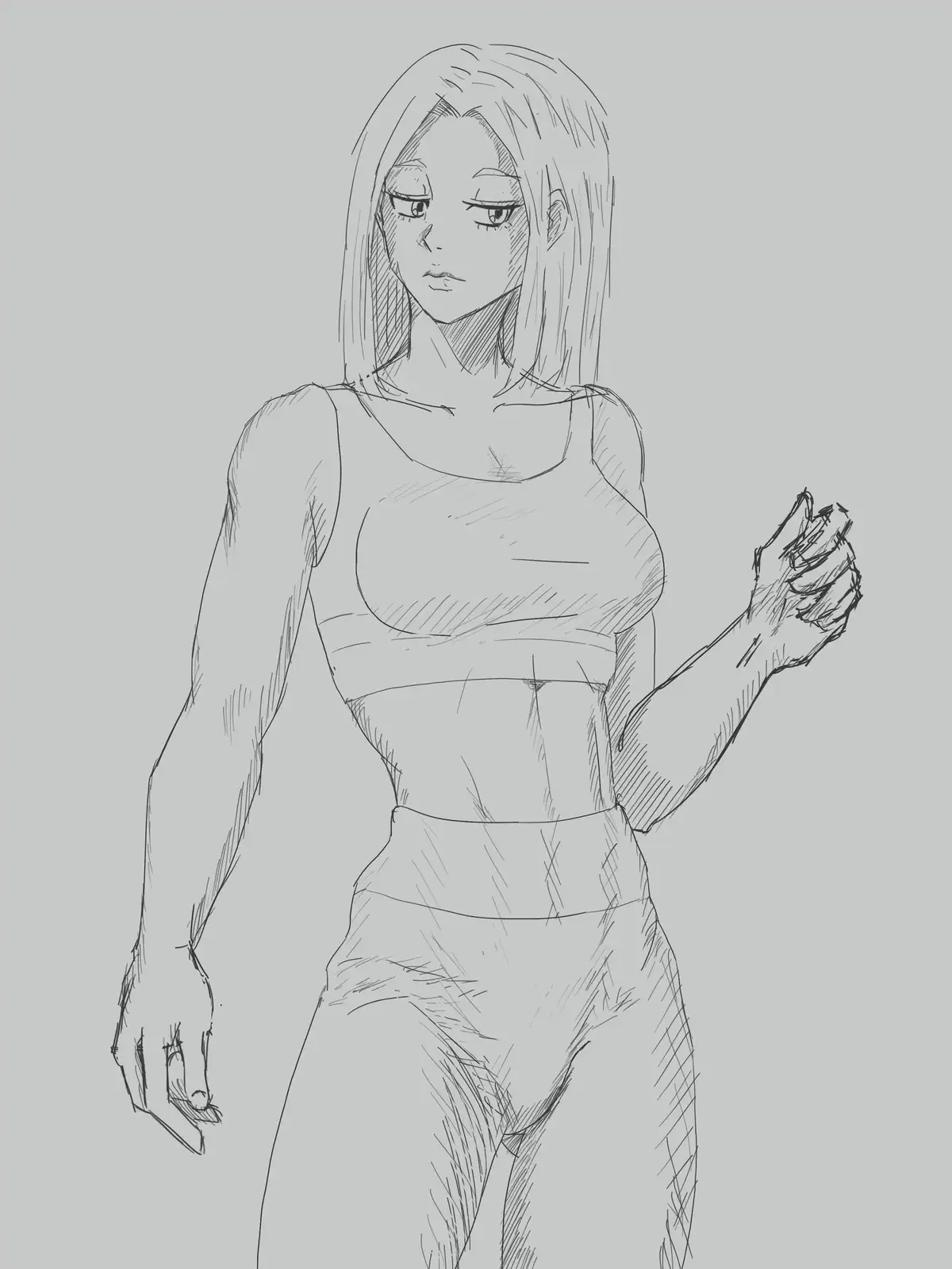 A black-and-white sketch of a woman with shoulder-length hair, wearing a crop top and high-waisted pants, standing with one…
