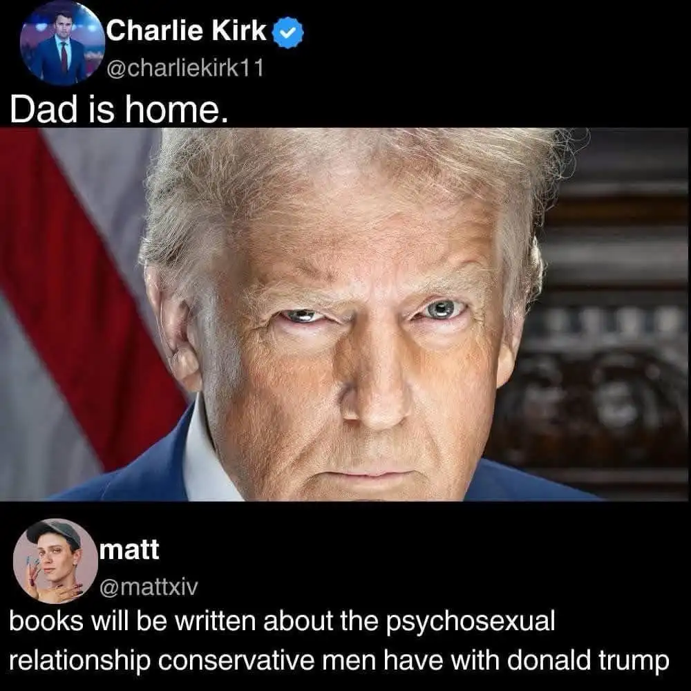 The image shows a close-up of Donald Trump with a stern, intense facial expression. Above him is a mock Twitter post from…