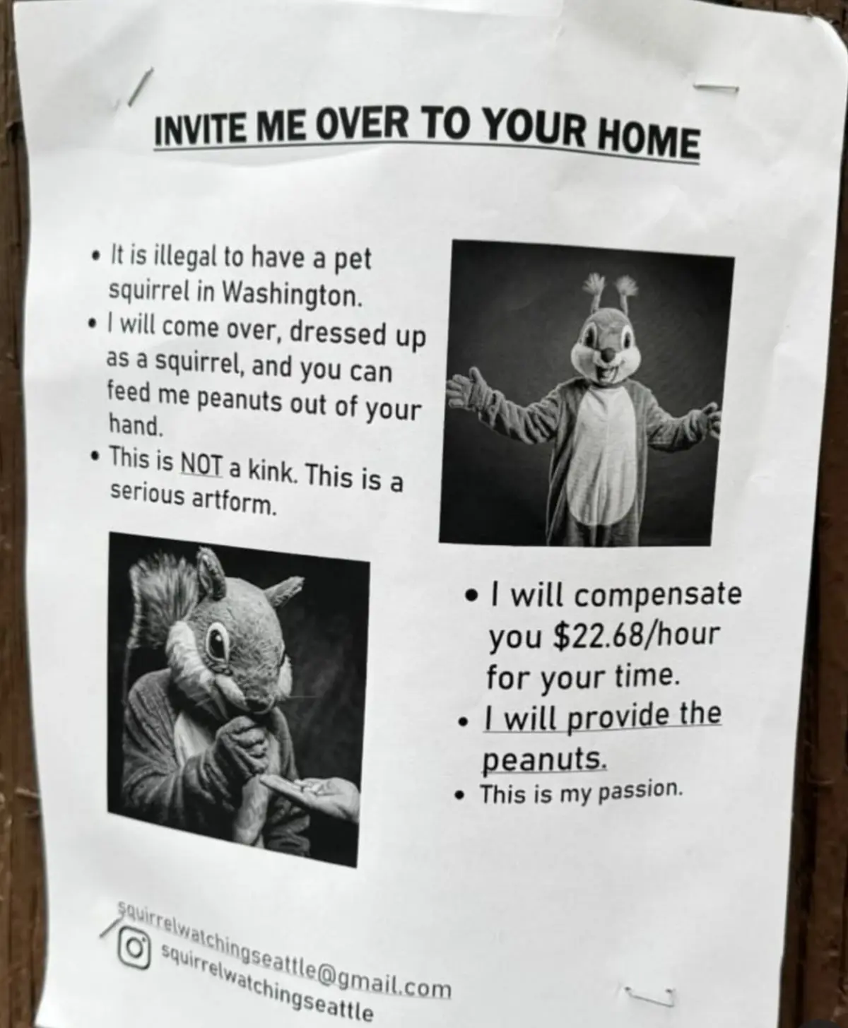 A printed flyer titled 'INVITE ME OVER TO YOUR HOME' features two black-and-white photos of a person in a squirrel costume…