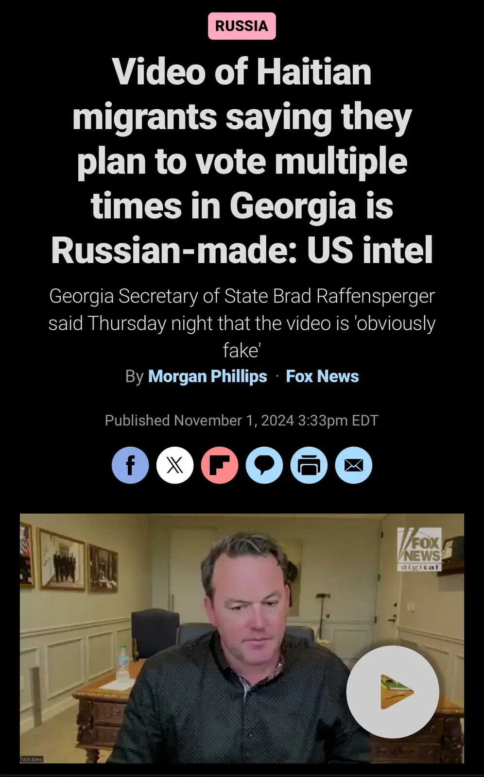 A screenshot of a Fox News article headline claiming a video of Haitian migrants planning to vote multiple times in Georgia…