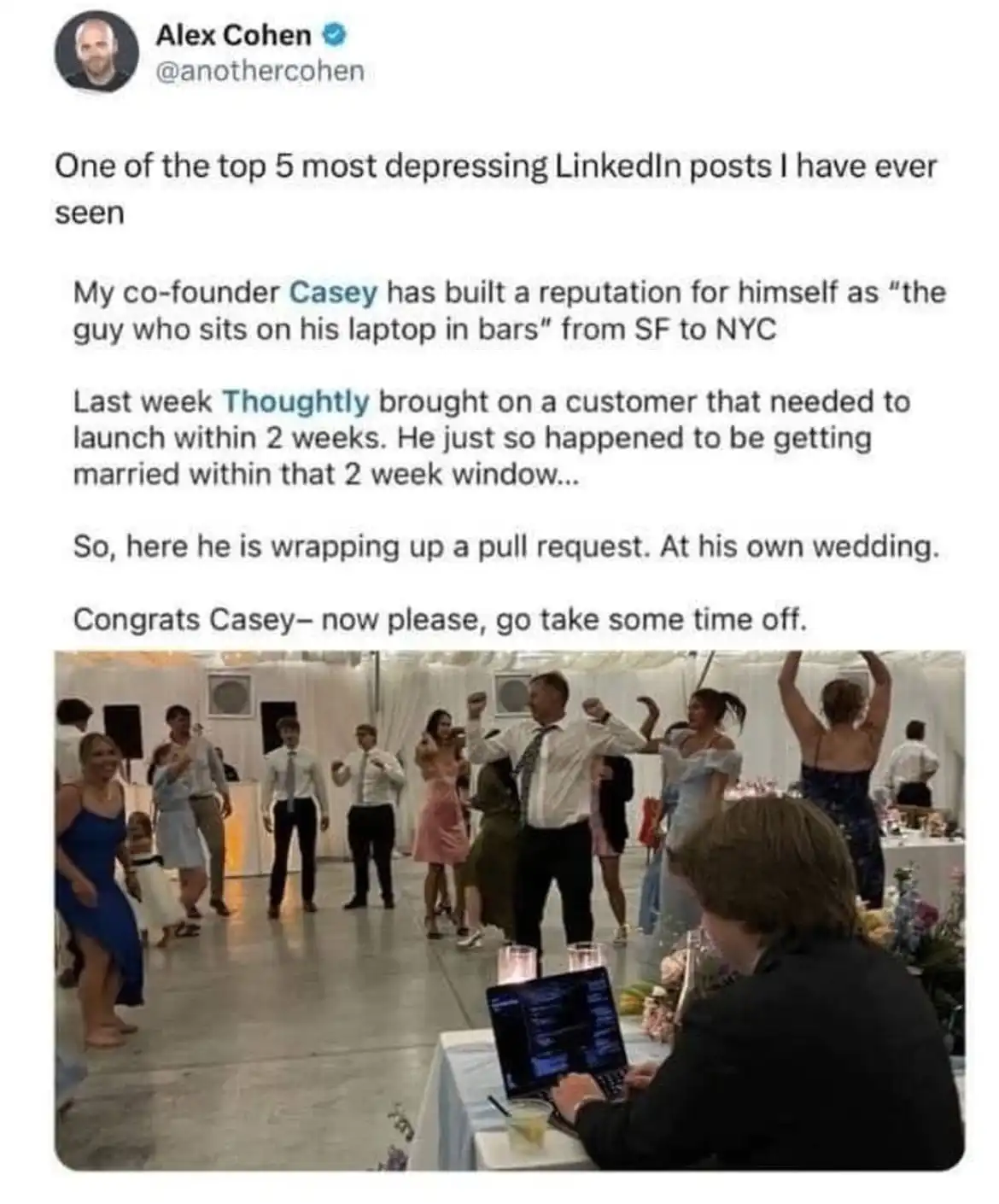A screenshot of a LinkedIn post by Alex Cohen, which humorously describes his co-founder Casey working on a pull request at…