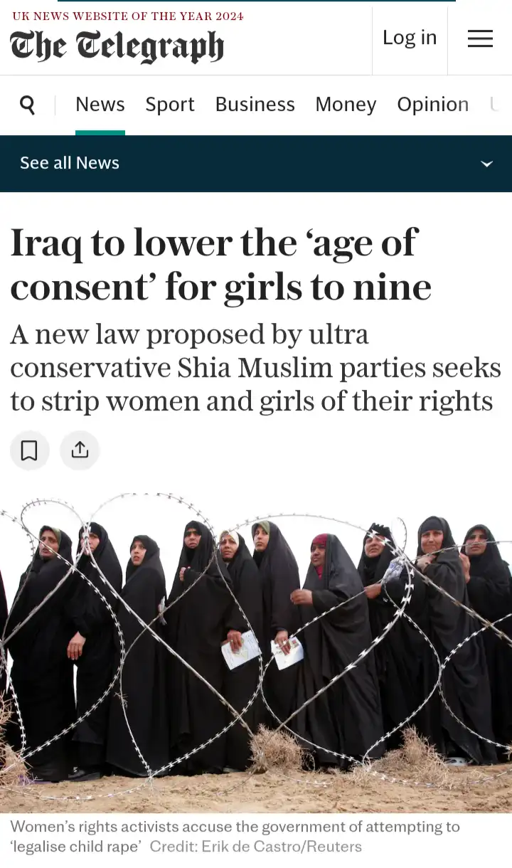 A screenshot of a news article from The Telegraph with a headline about Iraq lowering the age of consent to nine, overlaid…