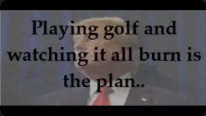 A blurry image of a man in a suit and red tie, overlaid with black serif text reading 'Playing golf and watching it all burn…