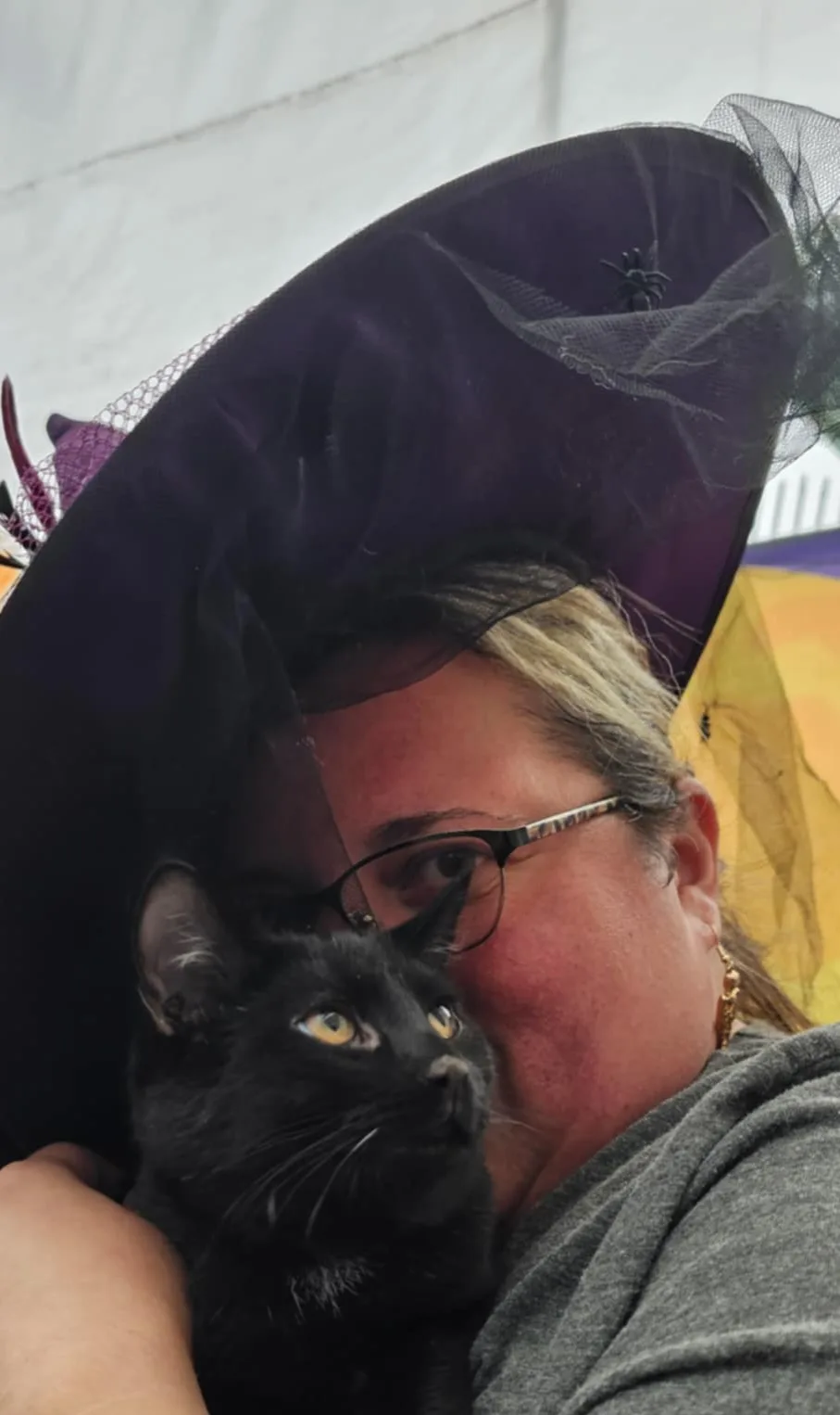 A person wearing a large purple witch hat with a black spider decoration and a sheer veil is holding a black cat close to…