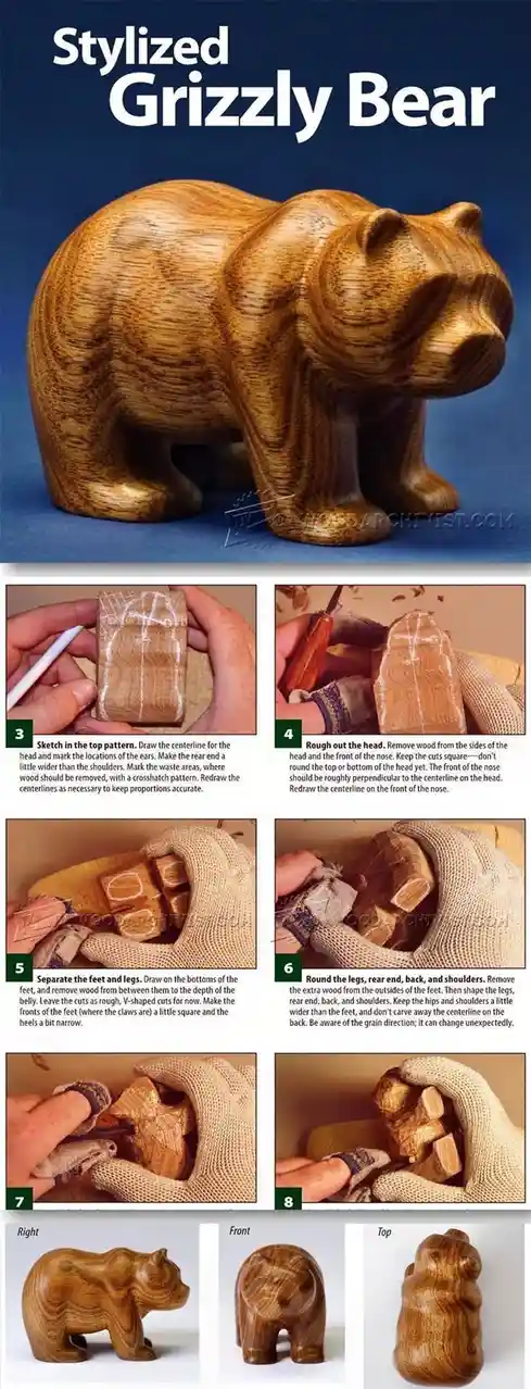 An instructional woodworking guide shows how to carve a stylized grizzly bear from wood, featuring a finished bear sculpture…