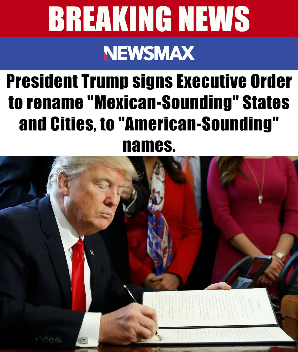 The image shows Donald Trump signing a document while wearing a dark suit and red tie. Above him is a 'BREAKING NEWS' banner…