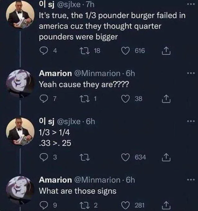 A screenshot of a Twitter thread shows a user claiming 1/3 pounder burgers failed because people thought quarter pounders…