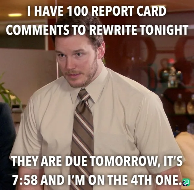 A man in a beige shirt and striped tie looks weary and overwhelmed, with white text overlaid that reads 'I HAVE 100 REPORT…