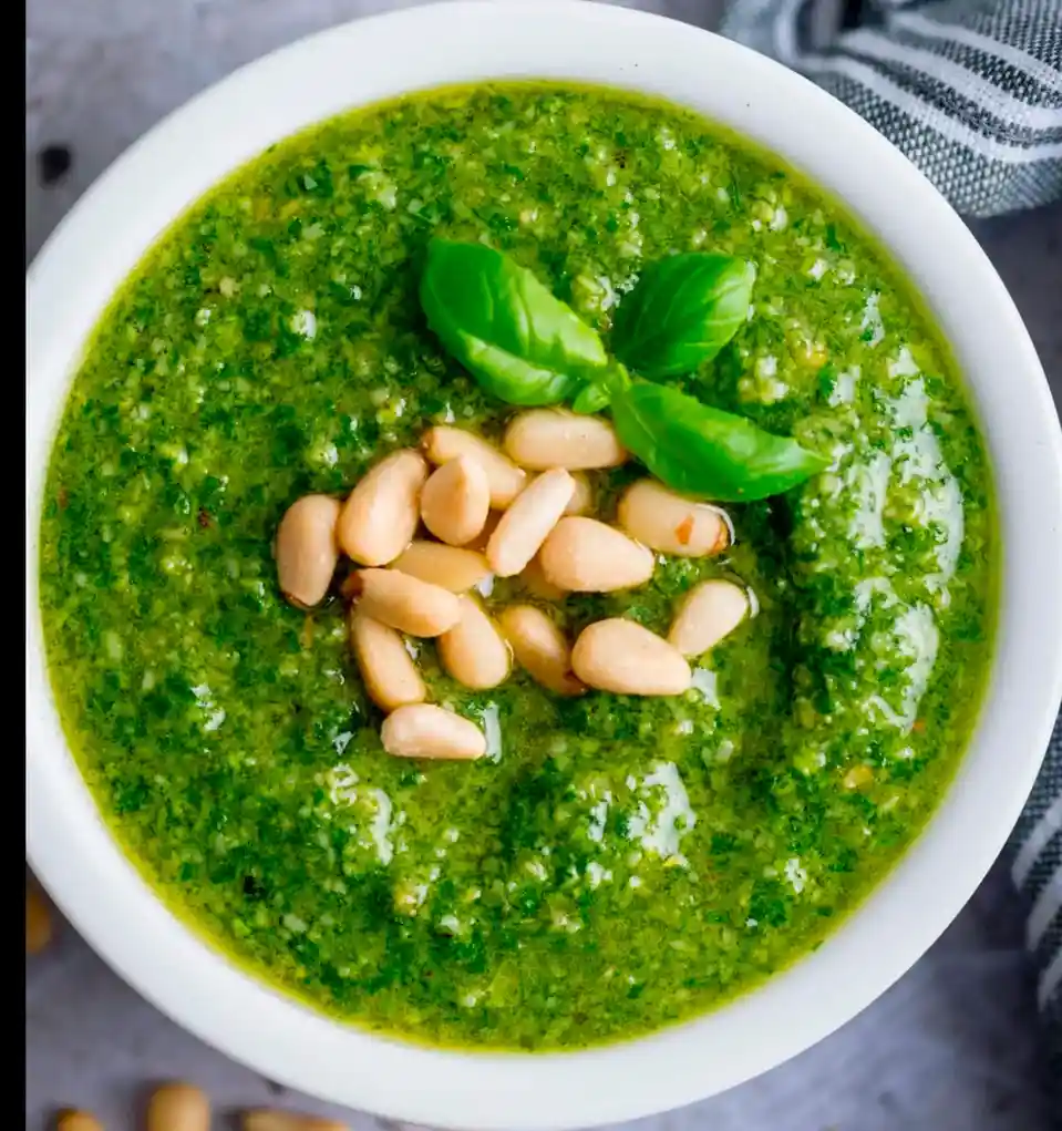 A top-down photo of a white bowl filled with vibrant green pesto sauce, garnished with pine nuts and fresh basil leaves. The…