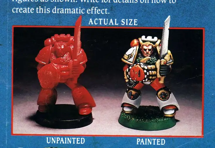 The image displays two miniature fantasy warrior figurines side by side, labeled 'UNPAINTED' and 'PAINTED'. The unpainted…