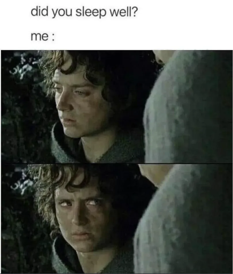The image shows two panels of Frodo Baggins from 'The Lord of the Rings' movie. In the top panel, he looks tired and weary…