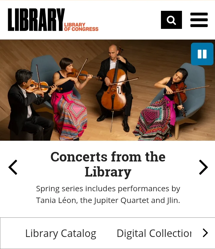 A screenshot of the Library of Congress website showing a string quartet performing on stage. The overlaid text reads…