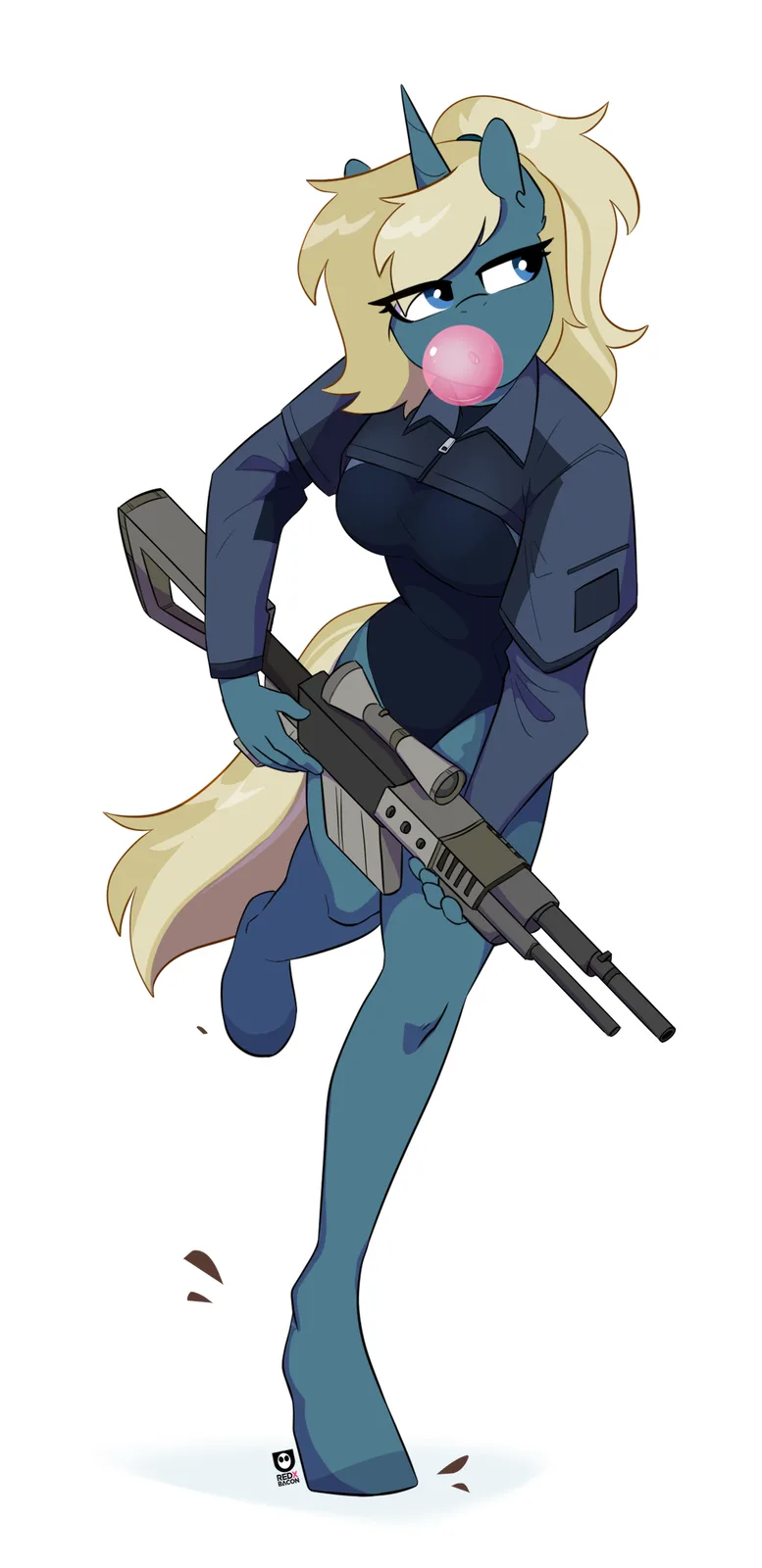A blue-skinned, blonde-haired anthropomorphic pony with a unicorn horn and tail is depicted in a confident, slightly cocky…