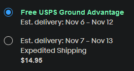 A screenshot of an online shipping options page showing two choices: 'Free USPS Ground Advantage' with an estimated delivery…