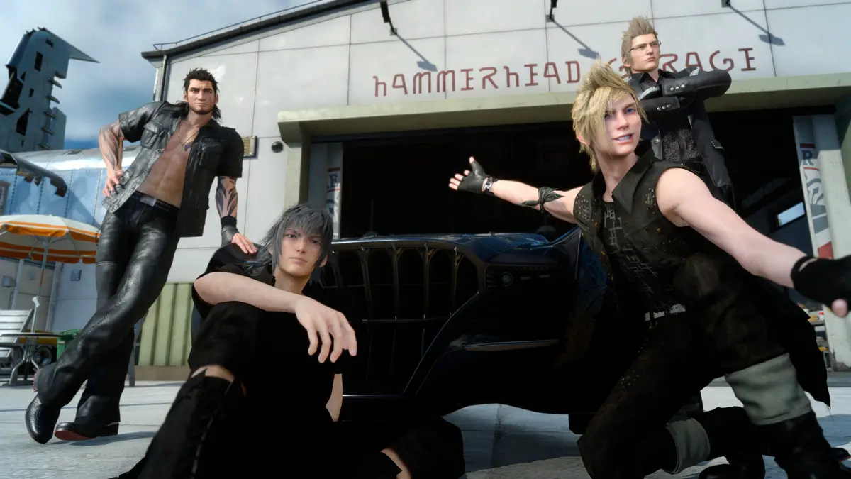 Four video game characters pose confidently in front of a building labeled 'HAMMERHEAD GARAGE' with a black car between…