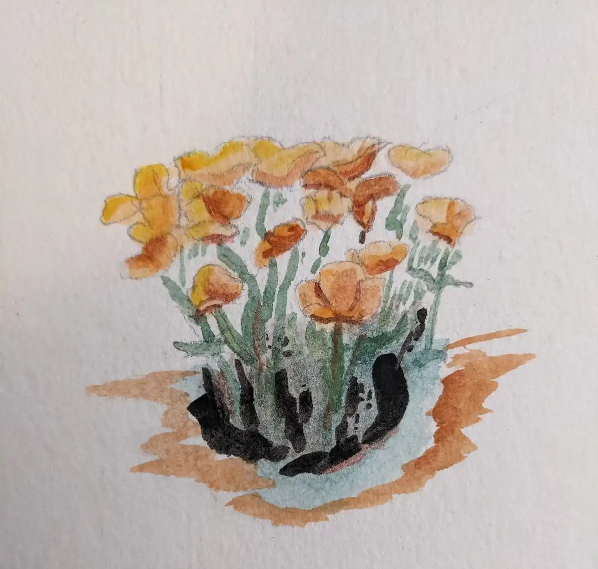A watercolor painting shows a bouquet of orange and yellow flowers with green stems in a black vase, which is sitting in a…