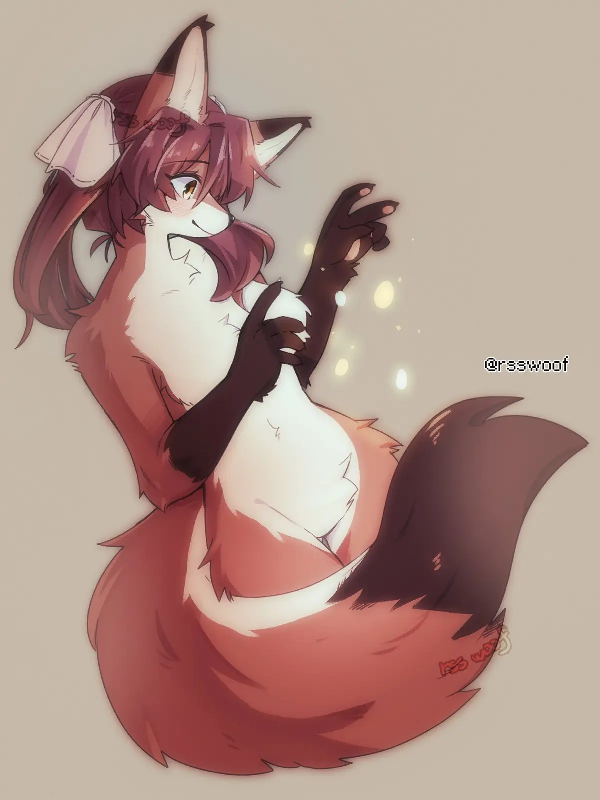 An anime-style illustration of a red fox girl with long brown hair and a white bow, smiling while holding her belly and…