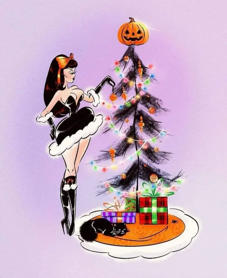 A vintage-style illustration shows a woman in a black and white maid outfit decorating a tree with Halloween-themed…