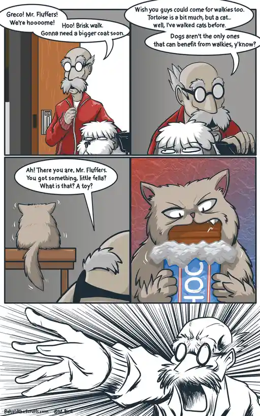 A four-panel comic strip shows an elderly man named Greco returning home with his dog Mr. Fluffers, then expressing a desire…