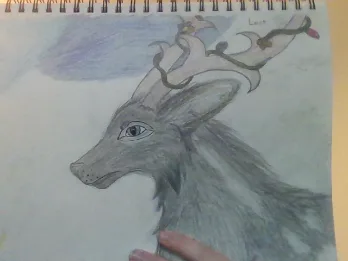 A hand-drawn sketch of a deer's head with antlers that are shaped like a snake coiled around them, with the word 'Last'…
