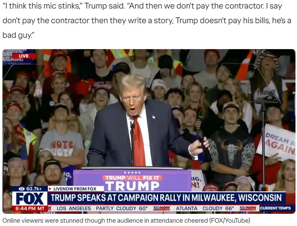A still image from a Fox News broadcast shows Donald Trump at a campaign rally in Milwaukee, Wisconsin, holding a microphone…
