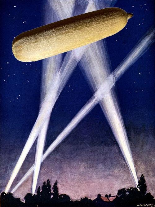 A vintage-style illustration depicts a giant, elongated zucchini floating in a starry night sky, suspended above a…