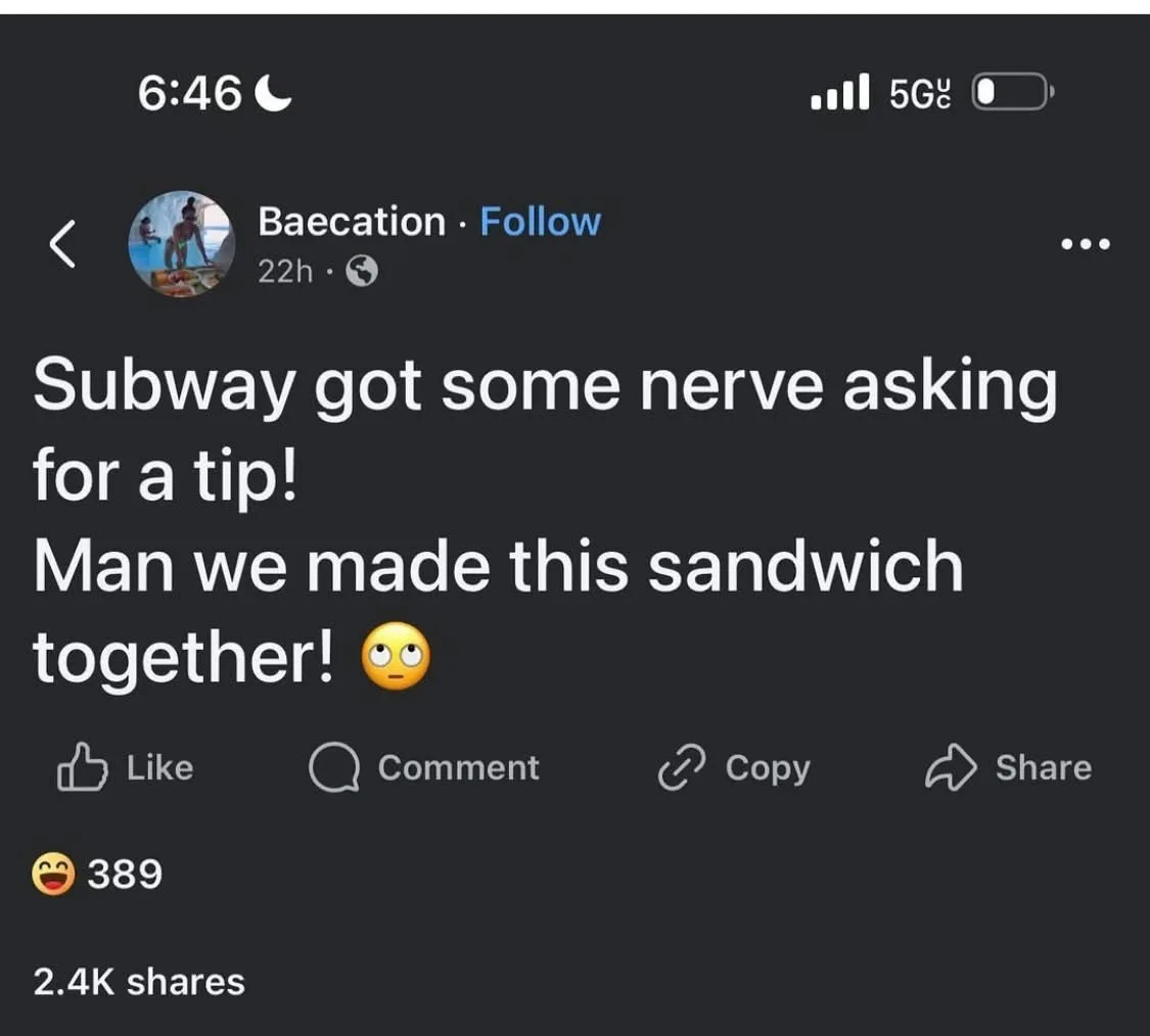 A screenshot of a social media post from a user named 'Baecation' shows a dark-themed interface with the text 'Subway got…