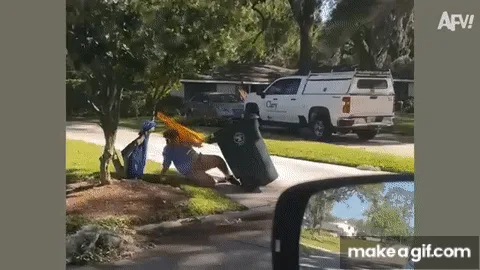 A sequence of images shows a person in a yellow shirt using a trash can as a swing, swinging back and forth while sitting…