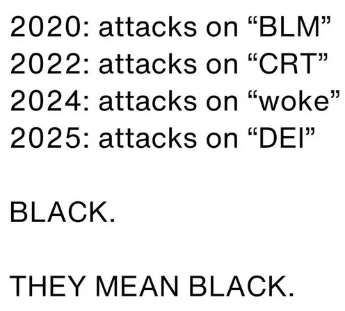 A plain white background with black text listing years and targets of political attacks: 2020 on 'BLM', 2022 on 'CRT', 2024…