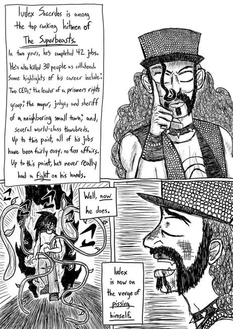 A black-and-white comic panel shows a hitman named Ludex Sacerdos, who has completed 42 jobs with no real fights, now facing…