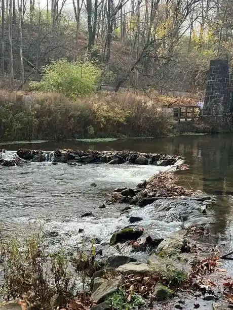 A natural stream flows over rocks in a wooded area with autumn leaves, featuring a stone structure in the background…