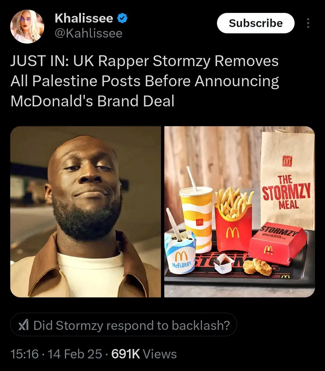 The image displays a split-screen: on the left, a photo of UK rapper Stormzy with a smug expression, and on the right, a…