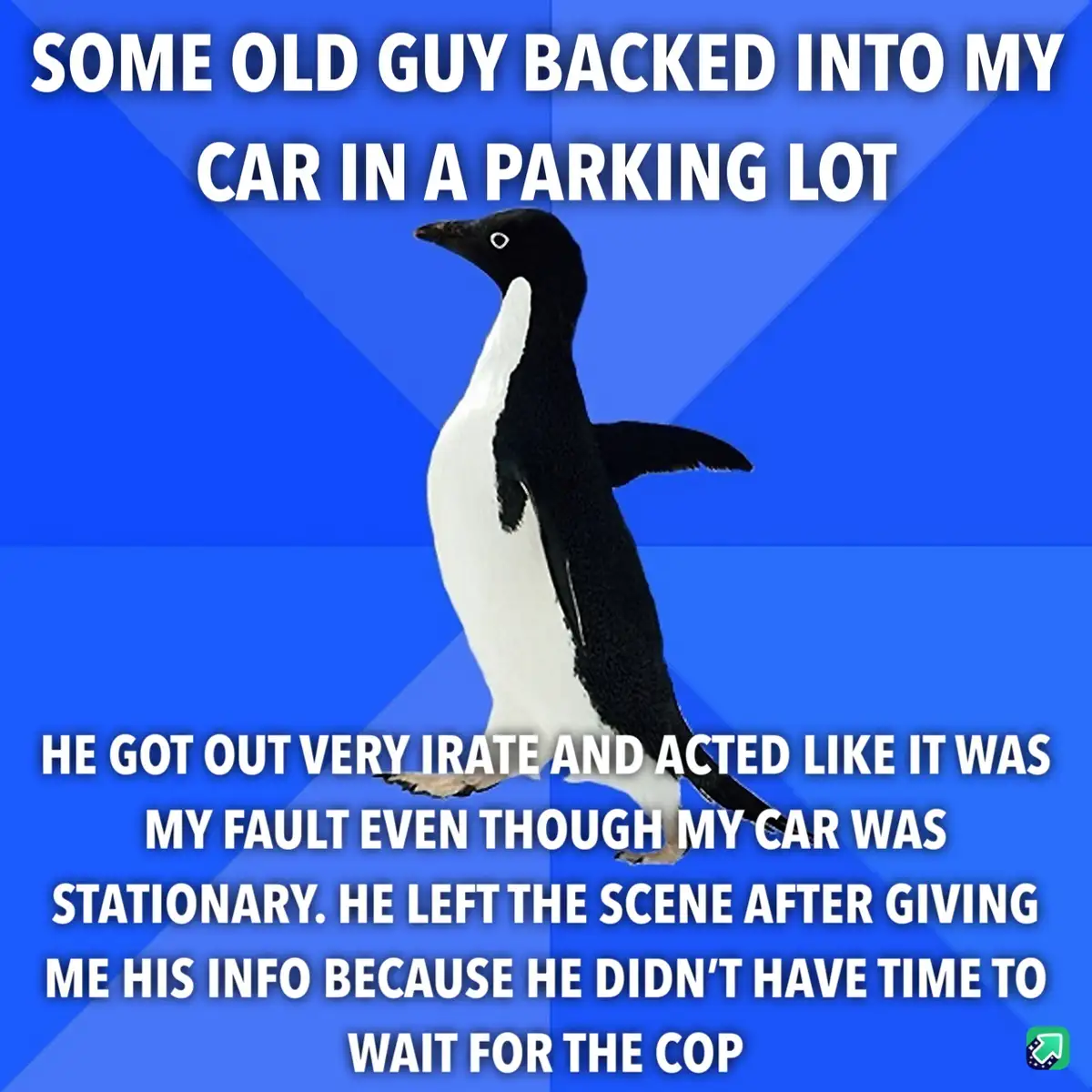 A black-and-white penguin stands against a blue background with white text describing a frustrating car accident where an…