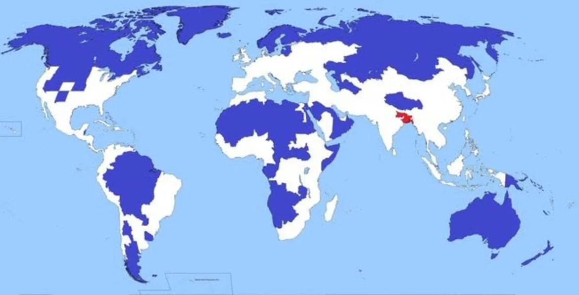 a world map with most countries colored blue, except for one small country in south asia colored red, with the text 'the…