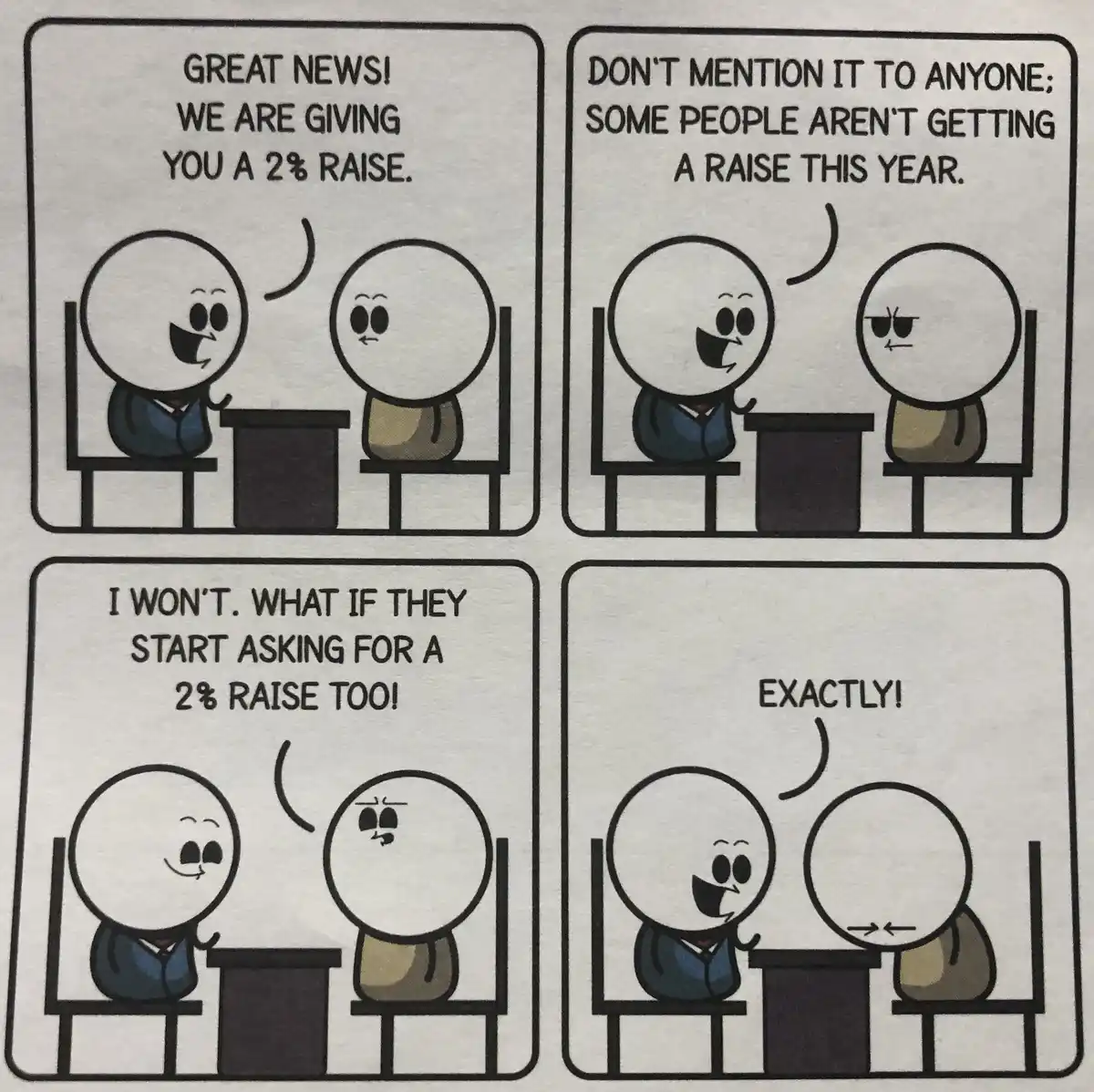 A four-panel comic strip featuring two minimalist stick-figure characters in a meeting. In the first panel, a smiling boss…
