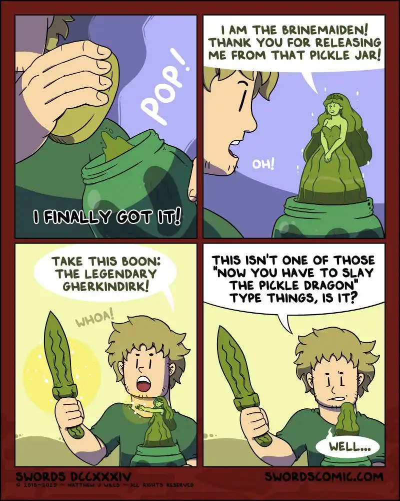 A four-panel comic shows a character opening a pickle jar, releasing a green, pickle-covered mermaid who thanks them. She…