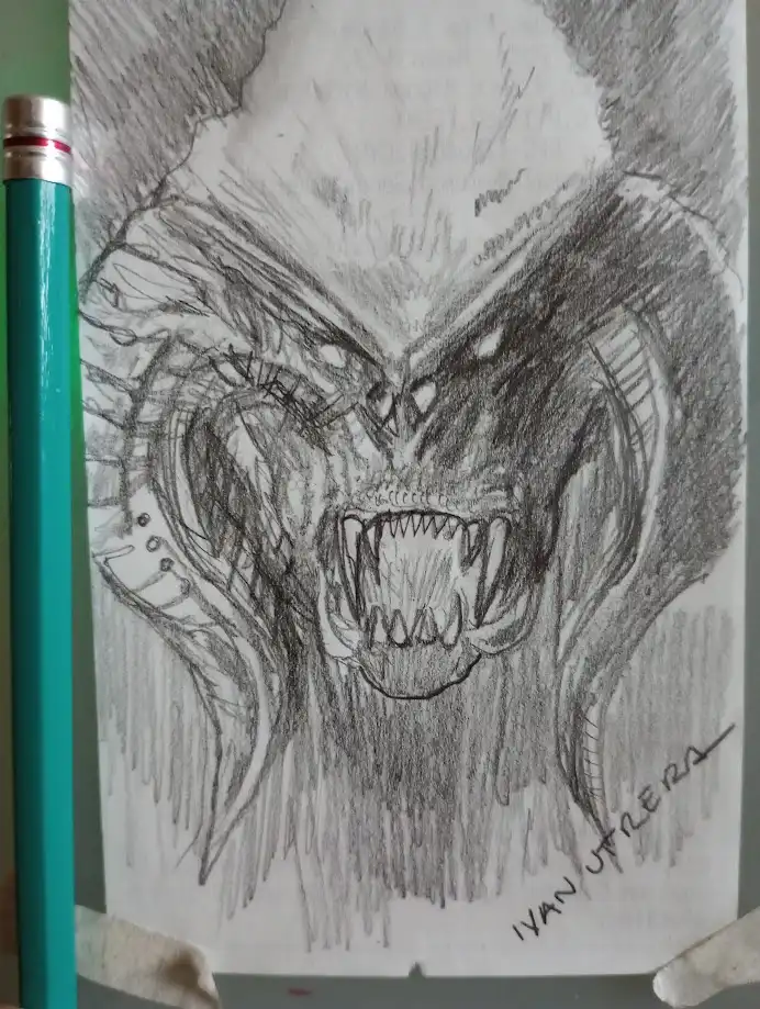 A pencil sketch of a monstrous, snarling creature with sharp teeth and intense eyes, signed 'IVAN UTRERA' in the bottom…