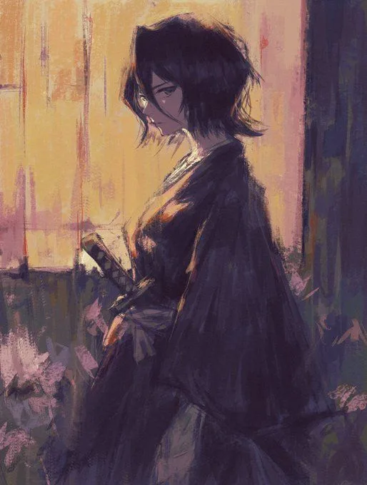 An anime-style illustration of a young woman with short dark hair, wearing a dark kimono and holding a katana at her hip…