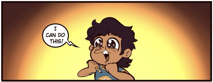 A cartoon character with dark curly hair and wide eyes looks determined, holding a pencil to their chin, with a speech…