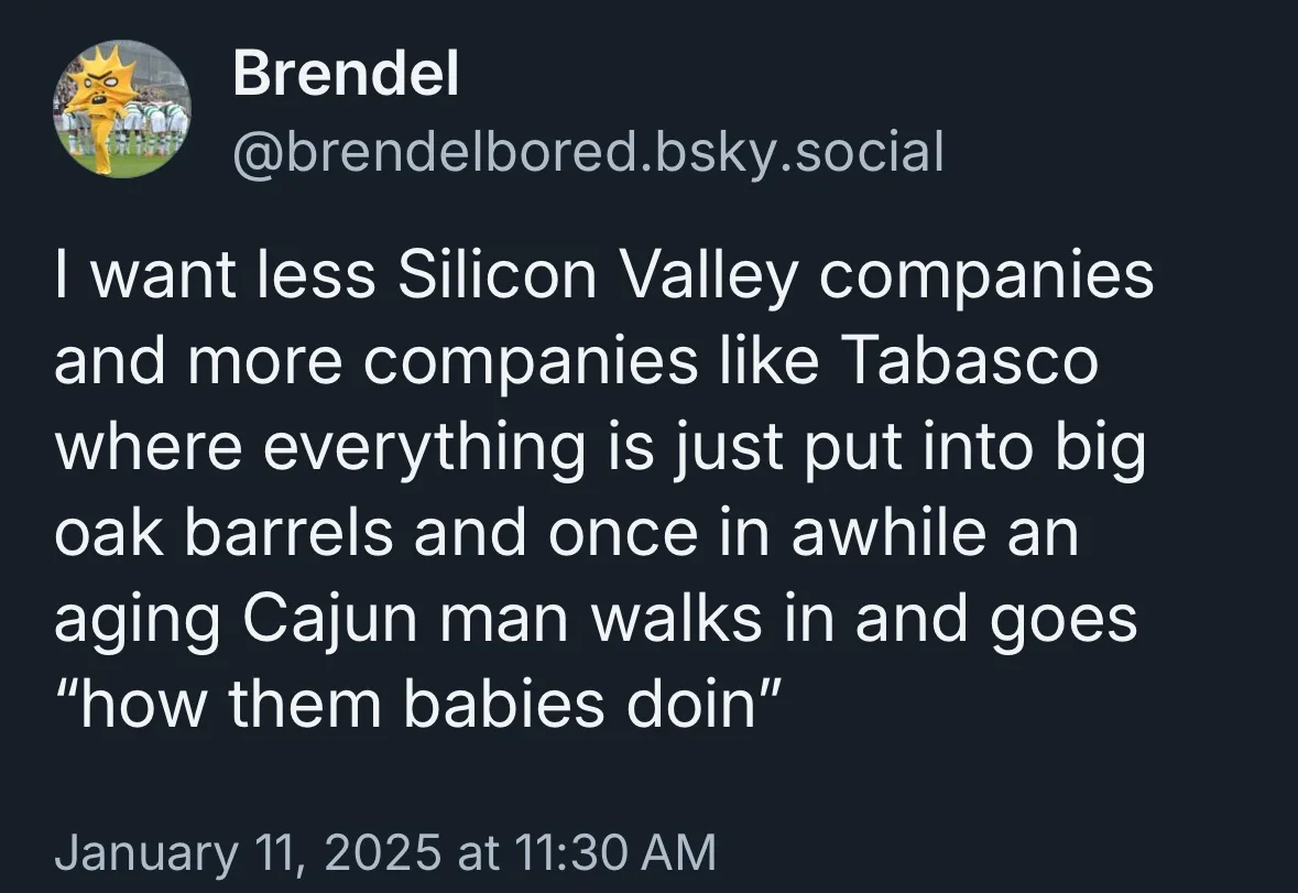 A screenshot of a social media post by user Brendel, featuring white text on a dark background. The post humorously…